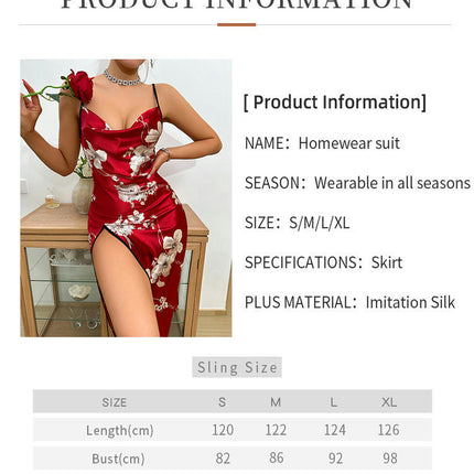 Women's Imitation Silk Long Nightdress Sexy Suspender Slit Printed Pajamas Bathrobe