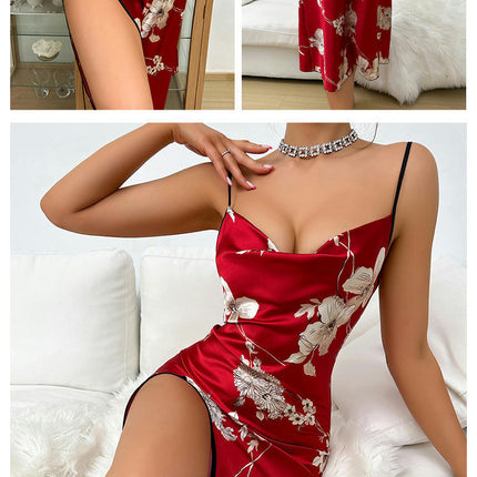 Women's Imitation Silk Long Nightdress Sexy Suspender Slit Printed Pajamas Bathrobe