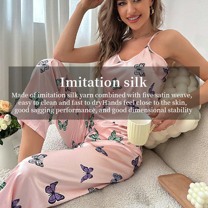 Women's Imitation Silk Butterfly Print Sleeveless Camisole Trousers 2-Piece Set