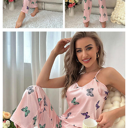 Women's Imitation Silk Butterfly Print Sleeveless Camisole Trousers 2-Piece Set