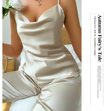 Women Imitation Silk Satin 2 Piece Summer Loungewear Trousers Pajamas Sleeveless Vest Set