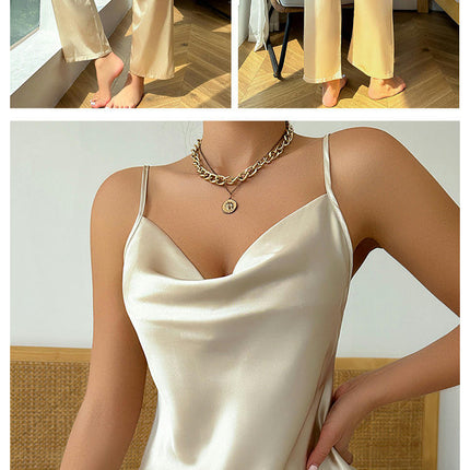 Women Imitation Silk Satin 2 Piece Summer Loungewear Trousers Pajamas Sleeveless Vest Set