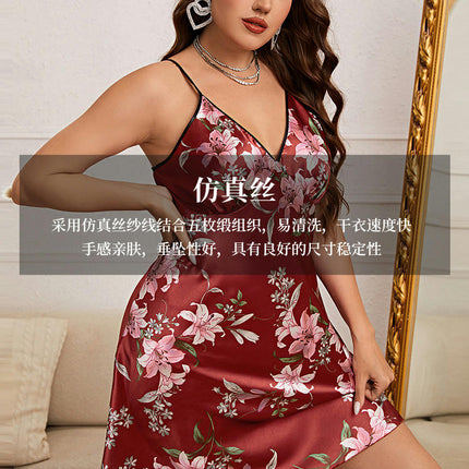 Women Lingerie V Neck Nightwear Imitation Silk Sleepwear Sexy Prints Chemise Mini Teddy