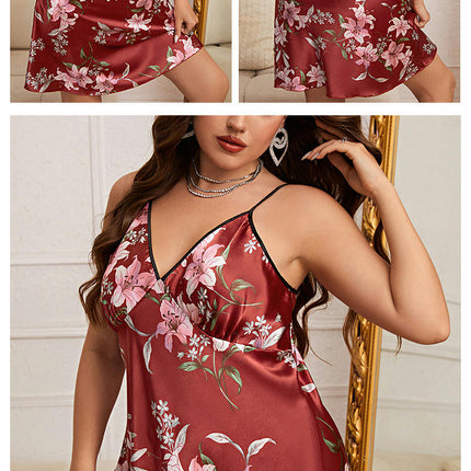 Women Lingerie V Neck Nightwear Imitation Silk Sleepwear Sexy Prints Chemise Mini Teddy