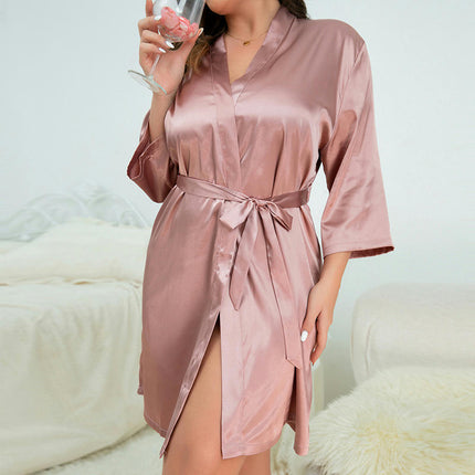 Women's Imitation Silk Robes Bride Bridesmaid Kimono Satin Bathrobe V Neck Sleepwear with 3/4 Sleeve