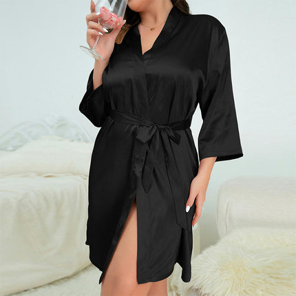 Women's Imitation Silk Robes Bride Bridesmaid Kimono Satin Bathrobe V Neck Sleepwear with 3/4 Sleeve