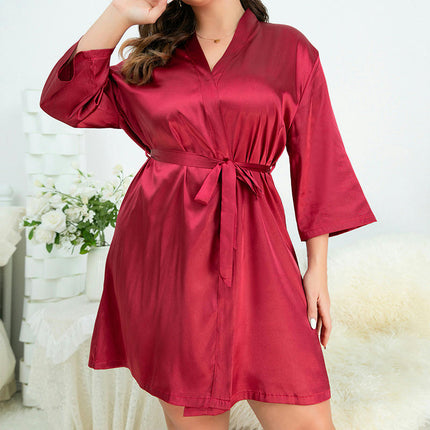 Women's Imitation Silk Robes Bride Bridesmaid Kimono Satin Bathrobe V Neck Sleepwear with 3/4 Sleeve