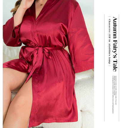 Women's Imitation Silk Robes Bride Bridesmaid Kimono Satin Bathrobe V Neck Sleepwear with 3/4 Sleeve