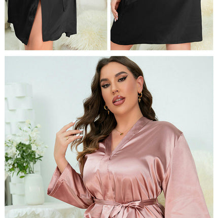 Women's Imitation Silk Robes Bride Bridesmaid Kimono Satin Bathrobe V Neck Sleepwear with 3/4 Sleeve