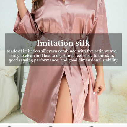 Women's Imitation Silk Robes Bride Bridesmaid Kimono Satin Bathrobe V Neck Sleepwear with 3/4 Sleeve