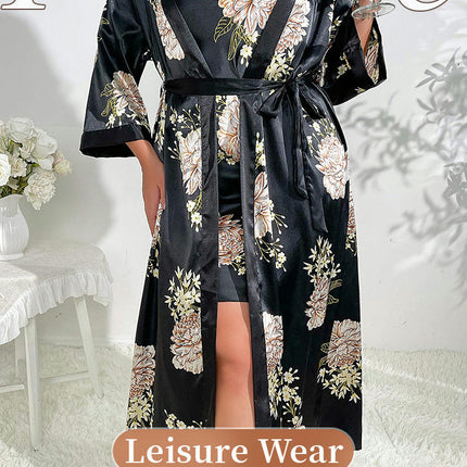 Women's Imitation Silk Floral Satin Kimono Robe and Nightgown Set with Camisole 2 Piece Sleepwear