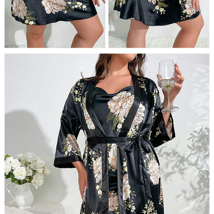 Women's Imitation Silk Floral Satin Kimono Robe and Nightgown Set with Camisole 2 Piece Sleepwear