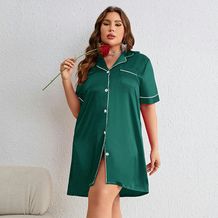 Women's Plus Size Pajamas - Imitation Silk Long Sleeve Button Cardigan Dress