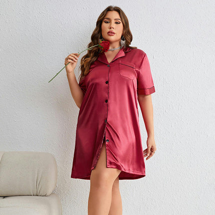 Women's Plus Size Pajamas - Imitation Silk Long Sleeve Button Cardigan Dress