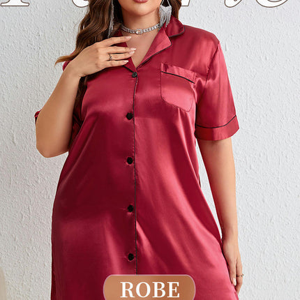 Women's Plus Size Pajamas - Imitation Silk Long Sleeve Button Cardigan Dress