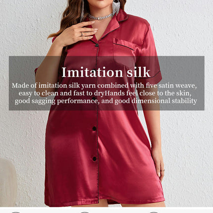 Women's Plus Size Pajamas - Imitation Silk Long Sleeve Button Cardigan Dress