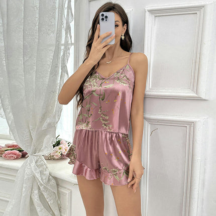 Women's Imitation Silk Pajamas Two-piece Sleeveless Printed Shorts Sexy Suspender Top