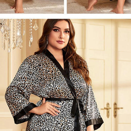 Women's Imitation Silk Large Size Leopard Print Nightgown Cardigan Lace-up Bathrobe Pajamas