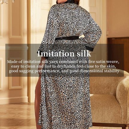 Women's Imitation Silk Large Size Leopard Print Nightgown Cardigan Lace-up Bathrobe Pajamas