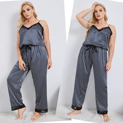 Women's Simulated Silk Striped Pajamas 2-piece Set Sleeveless Suspender Top Loose Pants