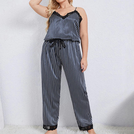 Women's Simulated Silk Striped Pajamas 2-piece Set Sleeveless Suspender Top Loose Pants