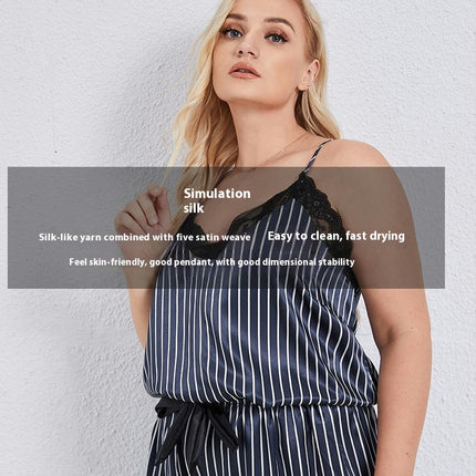 Women's Simulated Silk Striped Pajamas 2-piece Set Sleeveless Suspender Top Loose Pants