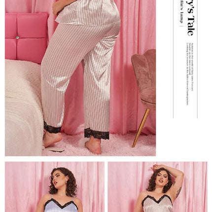 Women's Simulated Silk Striped Pajamas 2-piece Set Sleeveless Suspender Top Loose Pants