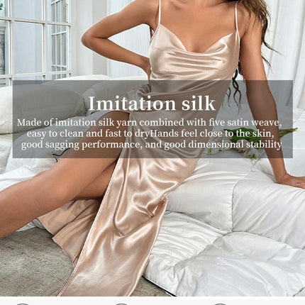 Women's Imitation Silk Suspender Skirt Breathable Sexy Pajamas Backless Slit Suspender Long Skirt