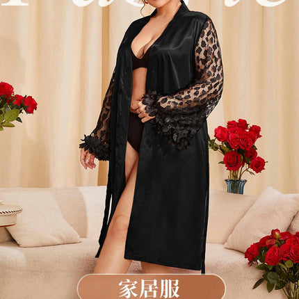 Women's Imitation Silk Pajamas Lace Kimono-Large Size Loose Fashionable Casual Nightgown