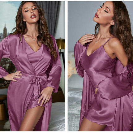 Women's Imitation Silk Robes 2 Piece Set Sexy Camisole Soft Sleepwear Silky Kimono Nightgown