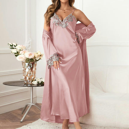 2 Piece Women Imitation Silk Nightgowns and Robe Set Sexy Silk Slip Dress Chemise Nightdress