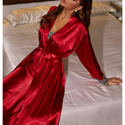 2 Piece Women Imitation Silk Nightgowns and Robe Set Sexy Silk Slip Dress Chemise Nightdress