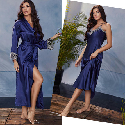 2 Piece Women Imitation Silk Nightgowns and Robe Set Sexy Silk Slip Dress Chemise Nightdress