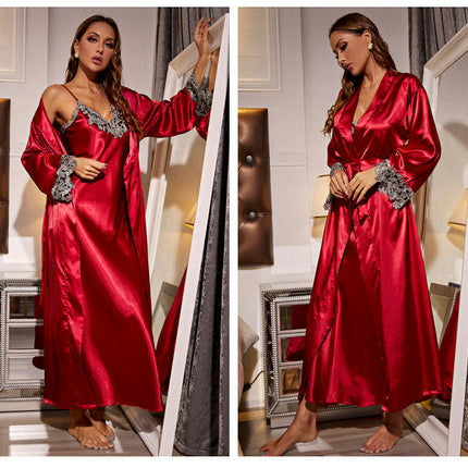 2 Piece Women Imitation Silk Nightgowns and Robe Set Sexy Silk Slip Dress Chemise Nightdress