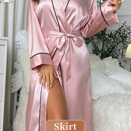 Women's Faux Silk Long Cardigan Bathrobe Nightgown Waist Tie