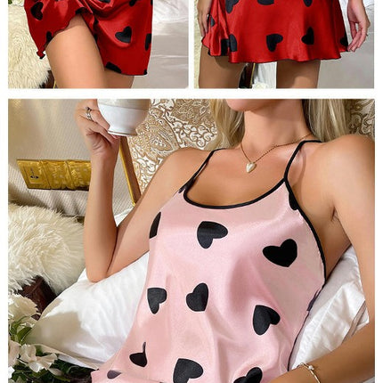 Women's Nightgown Satin Heart Print Lingerie Imitation Silk Full Slip Nightdress