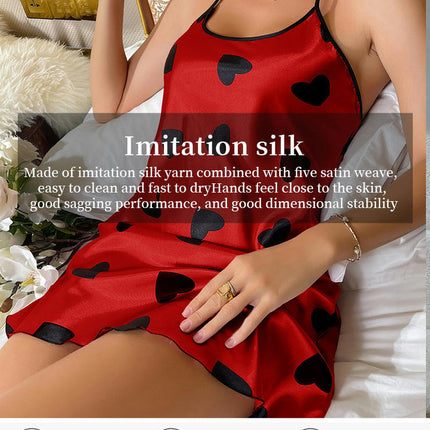 Women's Nightgown Satin Heart Print Lingerie Imitation Silk Full Slip Nightdress