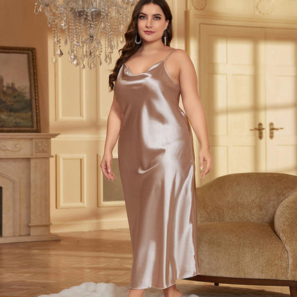 Women's Plus Size Loose Casual Pajamas-Solid Color Imitation Silk Fashion Nightdress Long Skirt