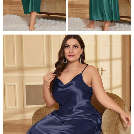 Women's Plus Size Loose Casual Pajamas-Solid Color Imitation Silk Fashion Nightdress Long Skirt