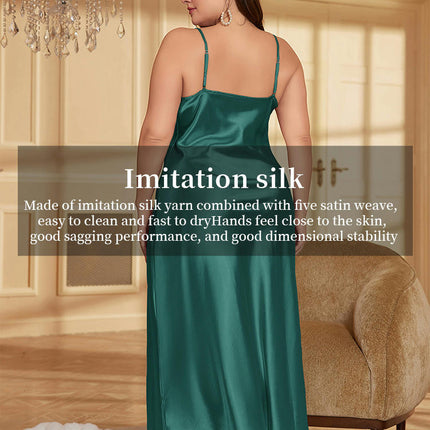 Women's Plus Size Loose Casual Pajamas-Solid Color Imitation Silk Fashion Nightdress Long Skirt