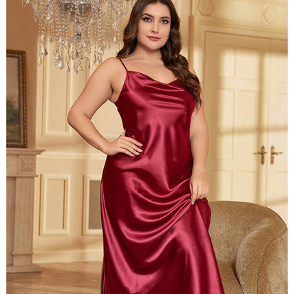 Women's Plus Size Loose Casual Pajamas-Solid Color Imitation Silk Fashion Nightdress Long Skirt