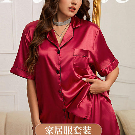 Womens Imitation Silk Pajamas Set Short Sleeve Button Down Top and Shorts Sleepwear 2 Piece