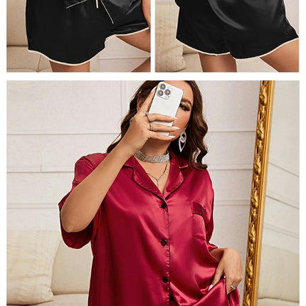 Womens Imitation Silk Pajamas Set Short Sleeve Button Down Top and Shorts Sleepwear 2 Piece