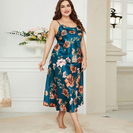 Plus Plus Size Imitation Ice Silk Print Suspender Nightgown Sexy Long Nightgown