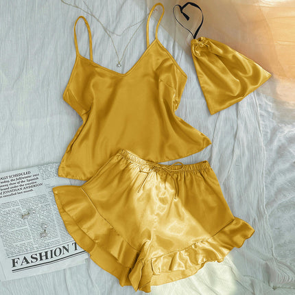 Women Imitation Silk Satin Pajamas Set Camisole vest Ruffle Shorts 2-Piece Set With Storage Bag