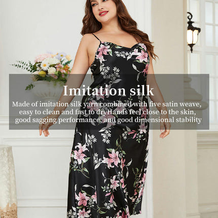 Plus Plus Size Imitation Ice Silk Print Suspender Nightgown Sexy Long Nightgown