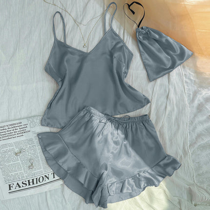 Women Imitation Silk Satin Pajamas Set Camisole vest Ruffle Shorts 2-Piece Set With Storage Bag