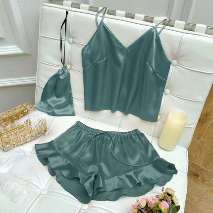 Women Imitation Silk Satin Pajamas Set Camisole vest Ruffle Shorts 2-Piece Set With Storage Bag