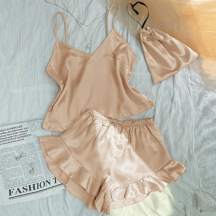 Women Imitation Silk Satin Pajamas Set Camisole vest Ruffle Shorts 2-Piece Set With Storage Bag