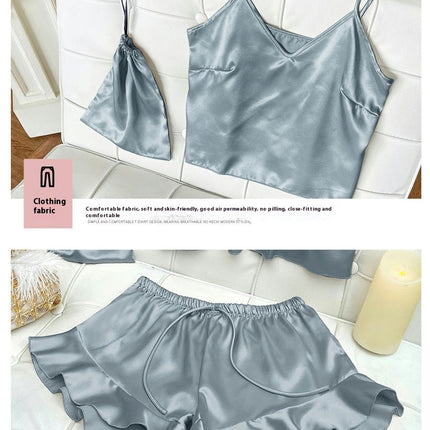 Women Imitation Silk Satin Pajamas Set Camisole vest Ruffle Shorts 2-Piece Set With Storage Bag